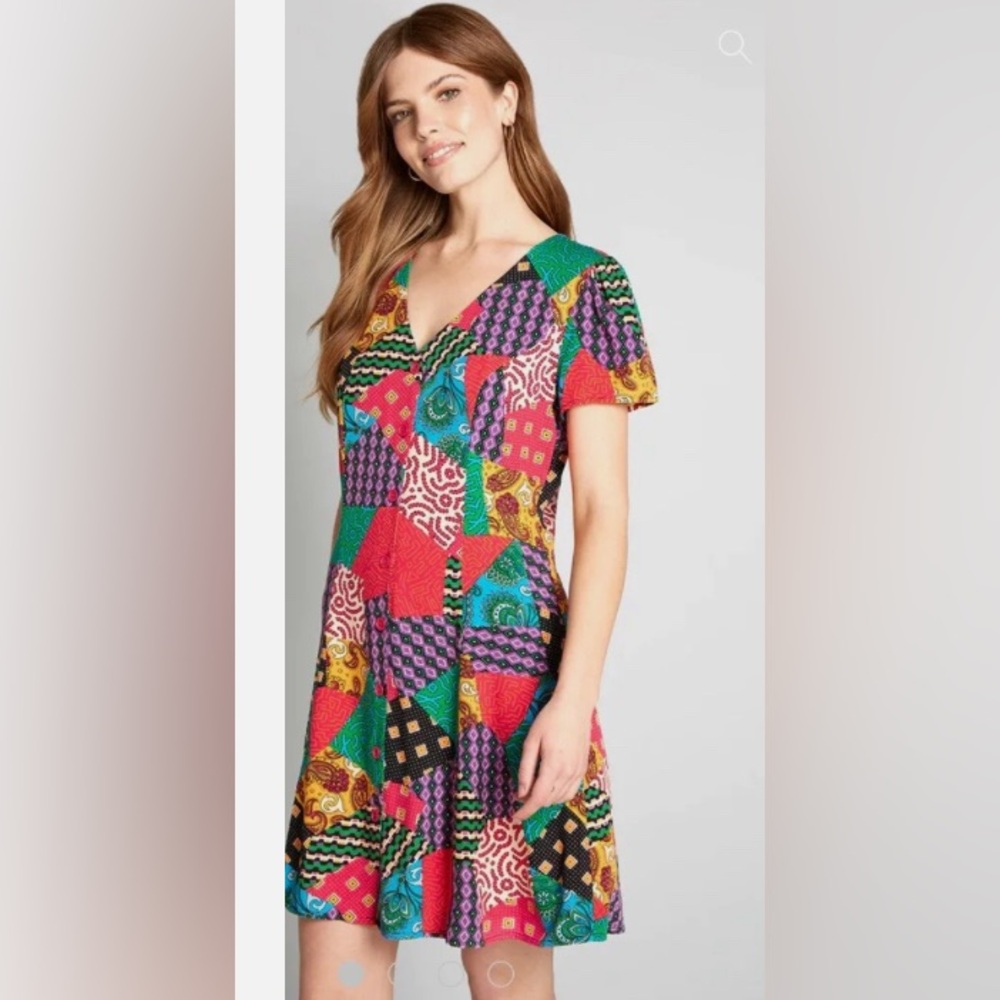 Dangerfield Patchwork Style Rainbow Button Up Dre… - image 1